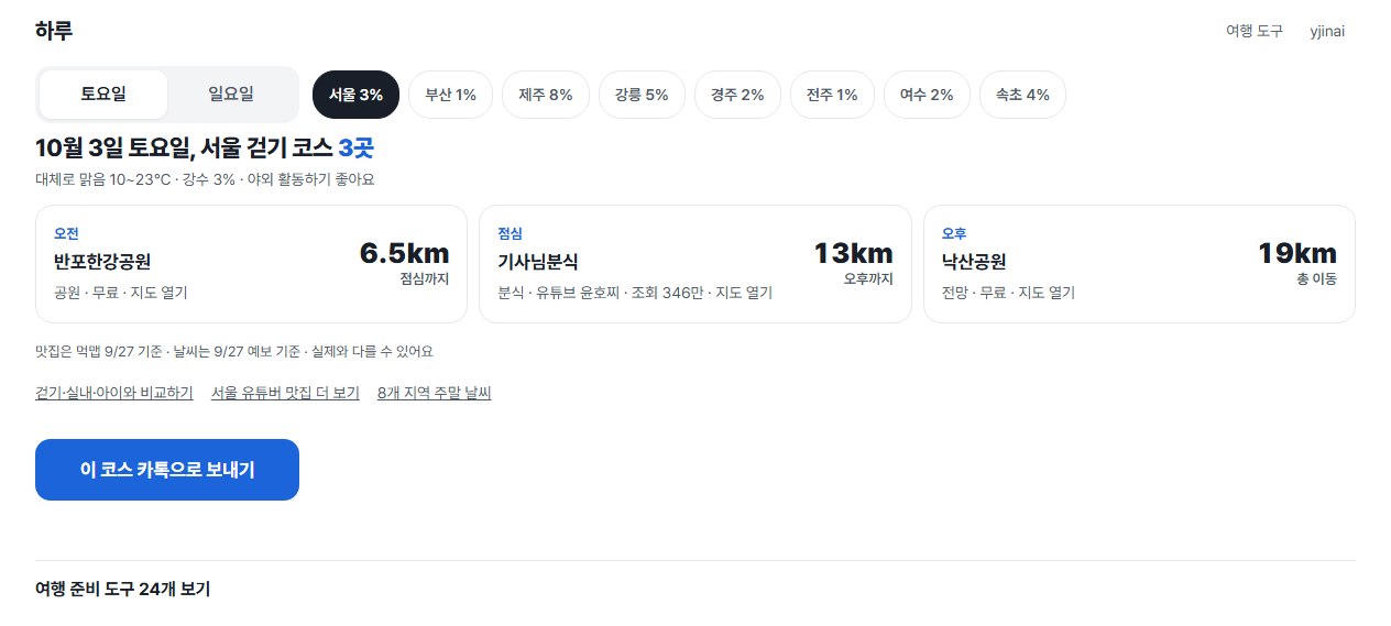 하루 화면 — 지역 선택과 코스 화면 진입 버튼